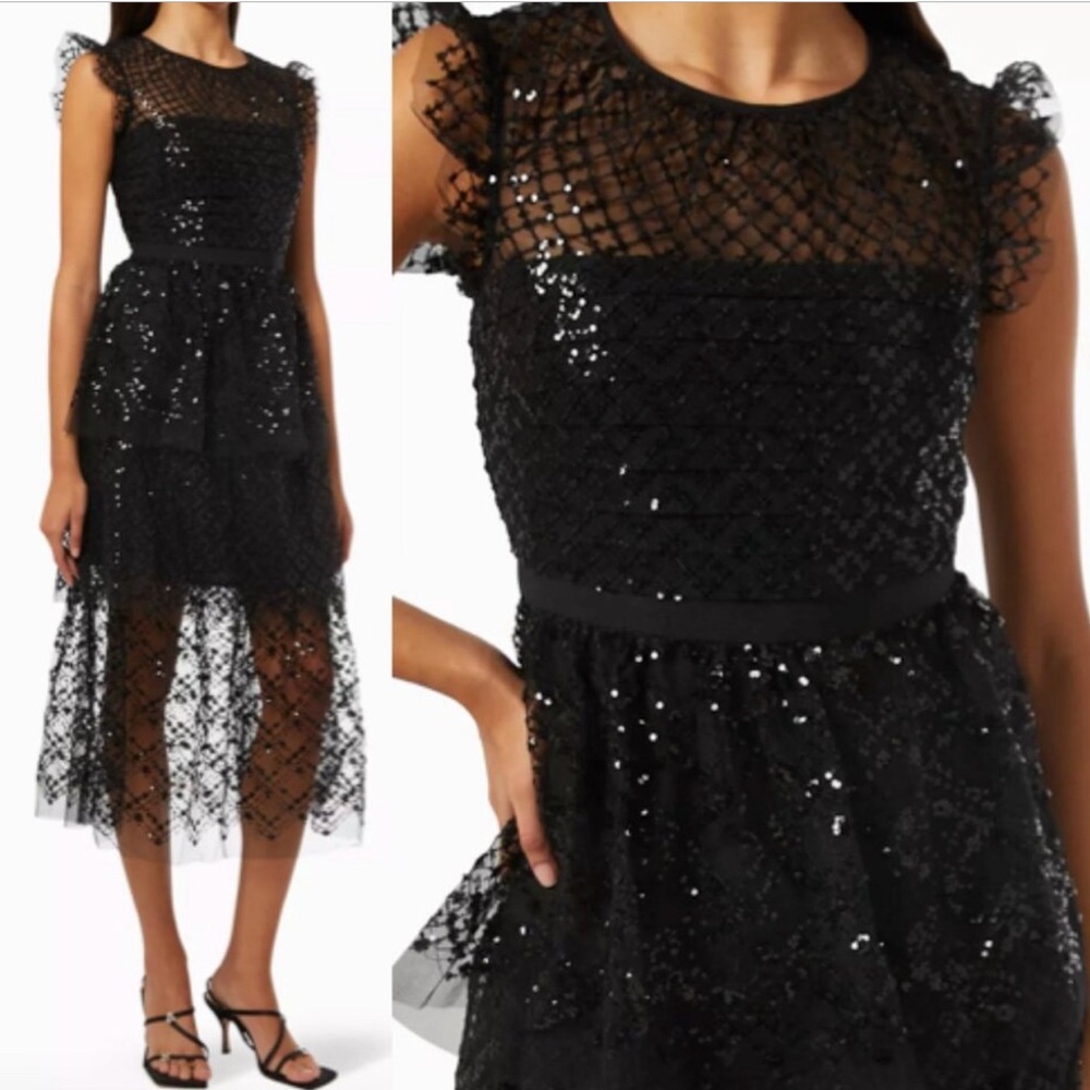 self portrait black grid sequin tiered midi dress